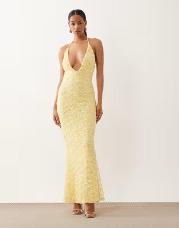 エイソス レディース トップス ワンピースパンコール レース マキシ ホルター ASOS DESIGN lace sequin halterneck maxi dress in buttermilk