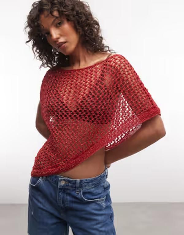 リクレイム ヴィンテージ レディース アウター ニット・セーター トール Reclaimed Vintage crochet knit metallic poncho RED レッド