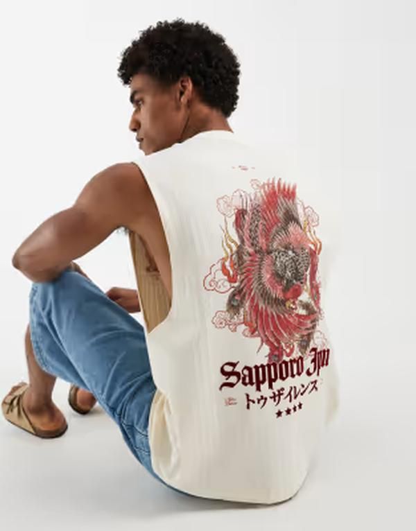 リバーアイランド メンズ トップス ベスト プリント River Island Japanese print crochetank in ecru エクリュ