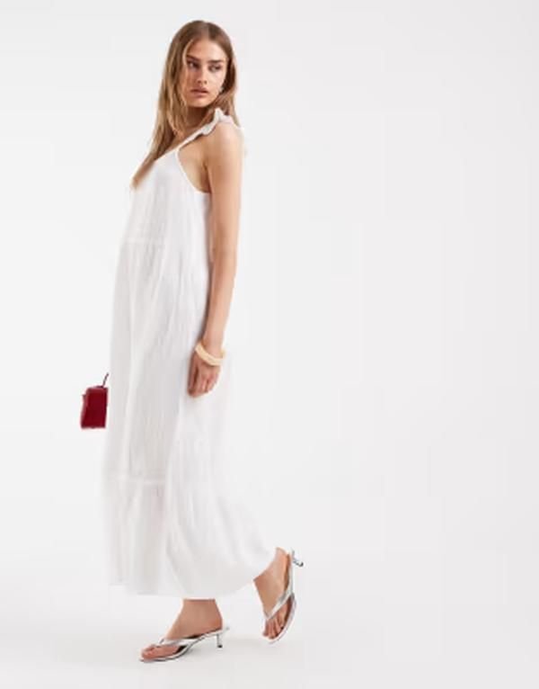 オンリー レディース トップス ワンピース ティアード マキシ ONLY textured tiered maxi dress CLOUDANCER ホワイト
