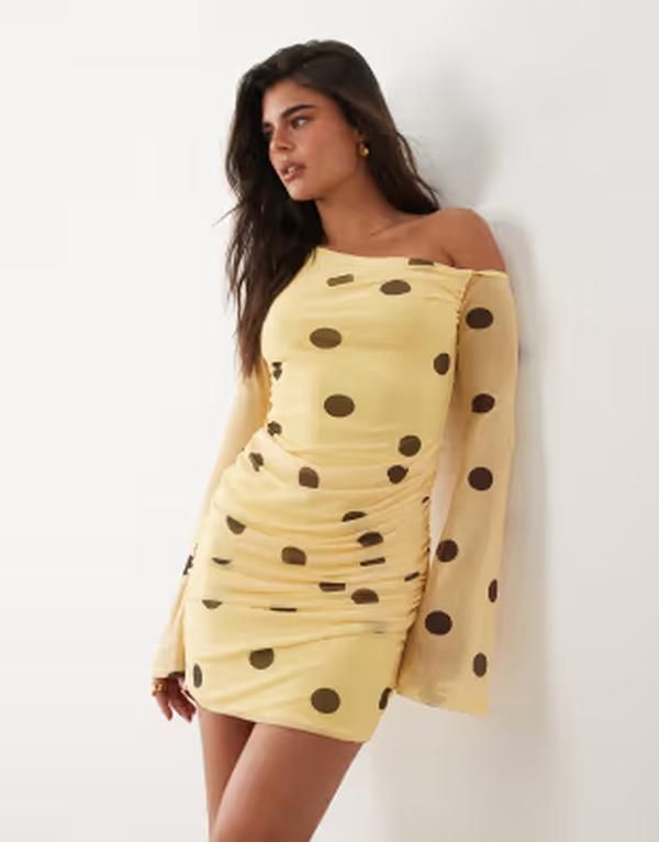 エイソス レディース トップス ワンピース ドット柄 ドット プリント ミニ メッシュ ASOS DESIGN printed mesh off shoulder mini dress with an