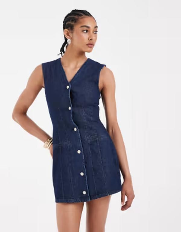 エイソス レディース トップス ワンピース ボタンダウン ベスト ダウン デニム ASOS DESIGN denim button down vest dress indigo indigo インディ