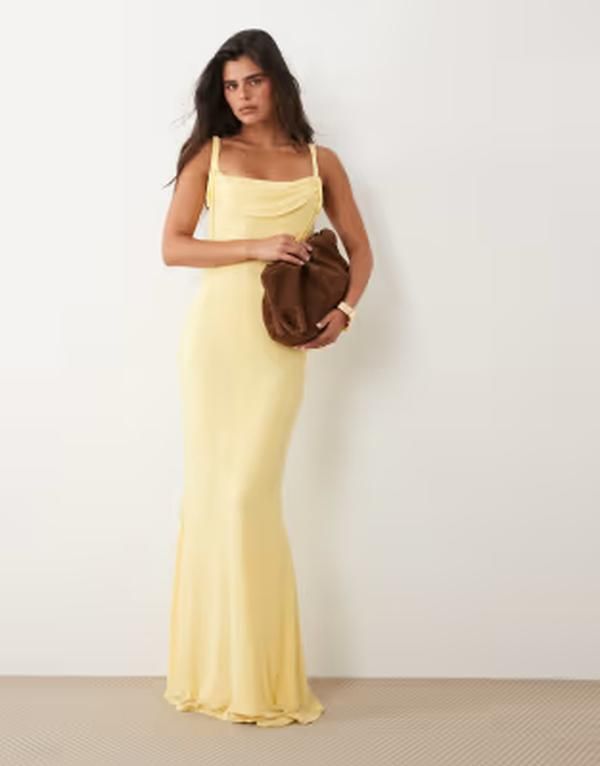 エイソス レディース トップス ワンピース メッシュ マキシ ASOS DESIGN mesh square neck cowl maxi dress with tie neck detail in