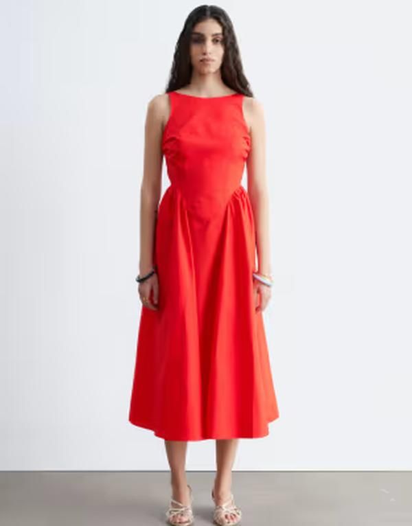 アンドアザーストーリーズ レディース トップス ワンピース ミディ コットン Other Stories rich cotton volume waist hemidi dress RED レッド