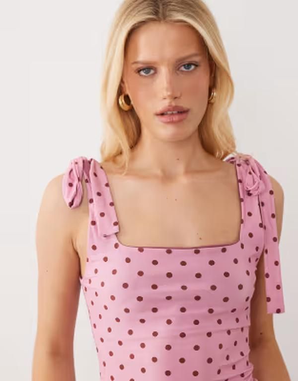 ミスセルフフリッジ レディース トップス シャツ ドット プリント Misselfridge tie shoulders top and brown polkadot print Pink Polka