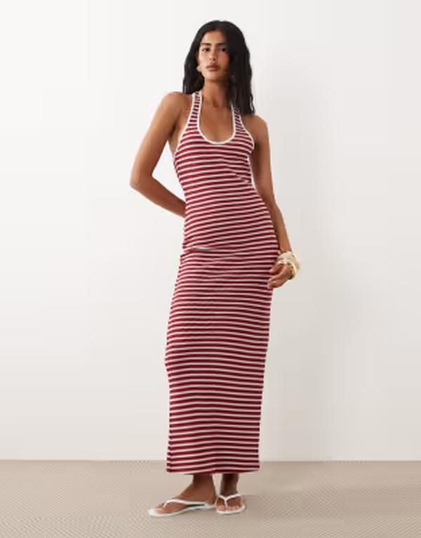 エイソス レディース トップス ワンピース ジャージー マキシ ホルター ASOS DESIGN crochet jersey scoop neck halter maxi dresstripe Re