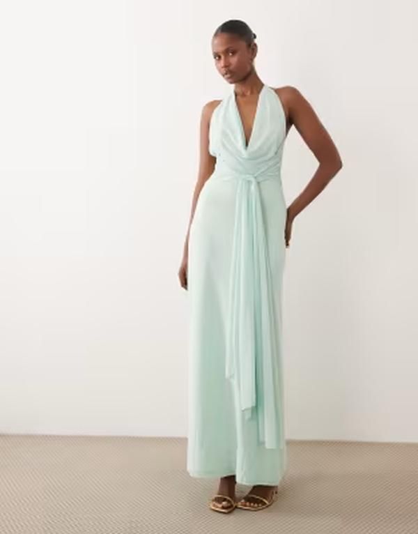 ティエフエヌシー レディース トップス ワンピース 背中開き メッシュ マキシ ホルター TFNC mesh cami halter backless maxi dress in light aqua