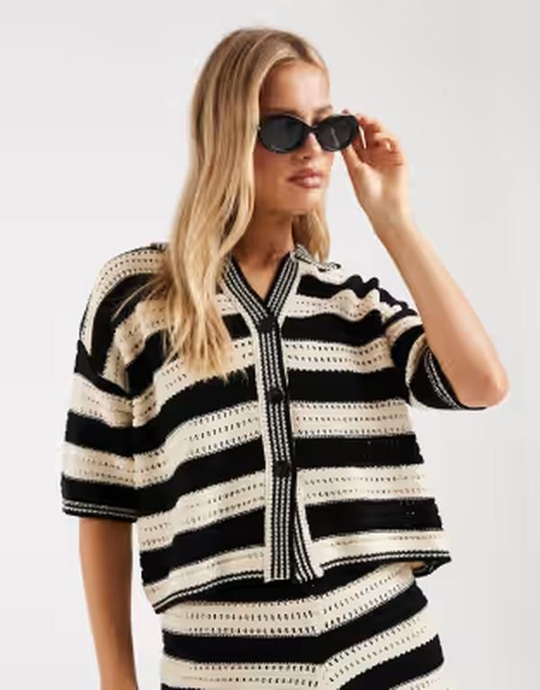 エイソス レディース トップス シャツ ニット ASOS DESIGN Sally knit button up beach top and cream stripes part of a set M