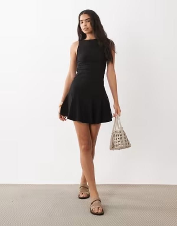 マンゴ レディース トップス ワンピース ミニ Mango boat neck flared mini dress Black ブラック