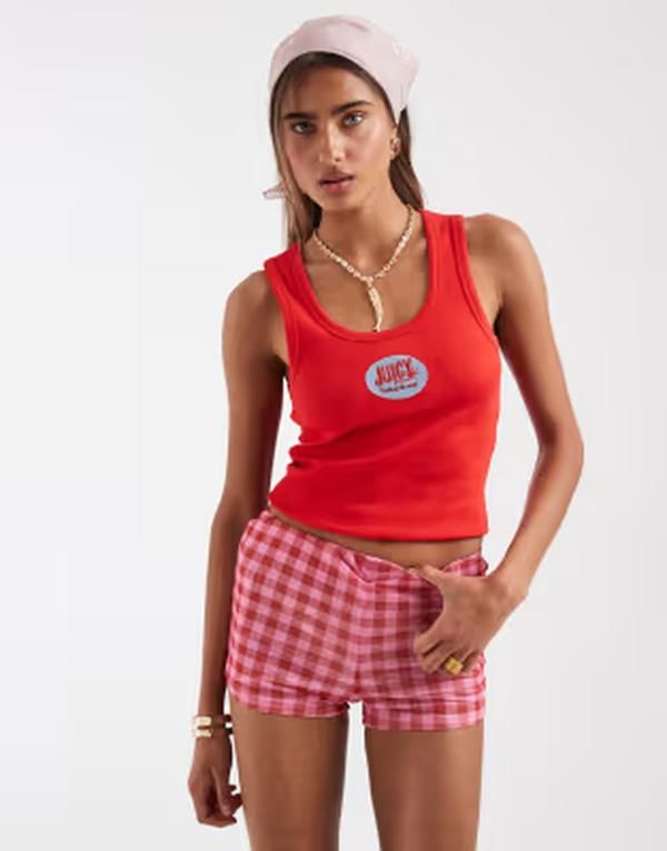エイソス レディース トップス ベスト ASOS DESIGN scoop neck tank top with fruit label embroidery RED レッド