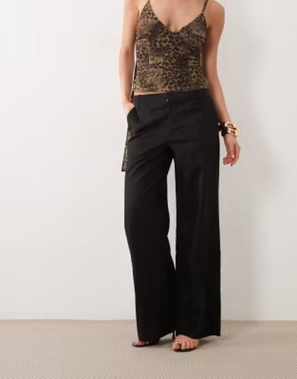 グッドアメリカン レディース ボトムス カジュアルパンツ ワイドレッグ リネン Good American linen blend mid rise relaxed wide leg pants bl