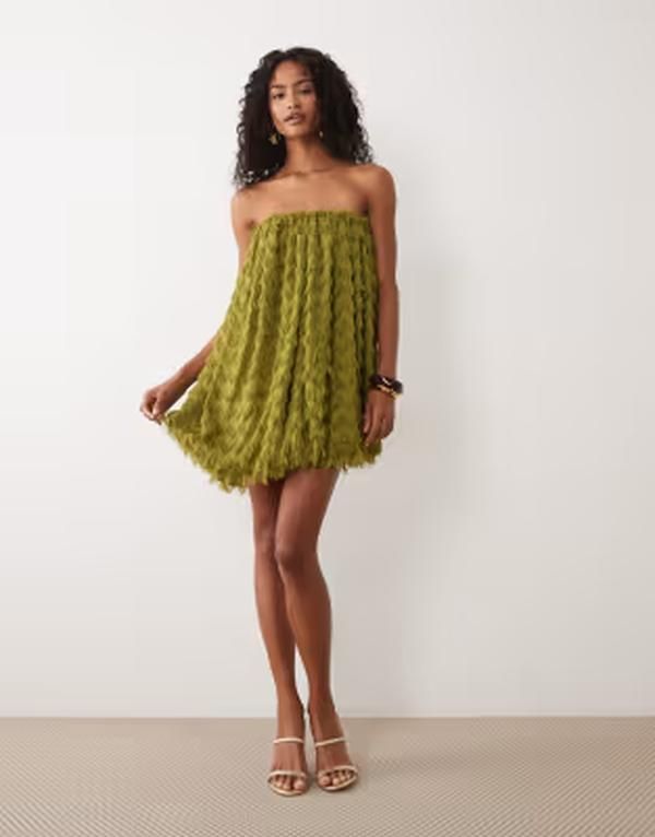 エイソス レディース トップス ワンピース ミニ ASOS DESIGN wave textured bubble sweetheart neck mini dress in olive GREEN