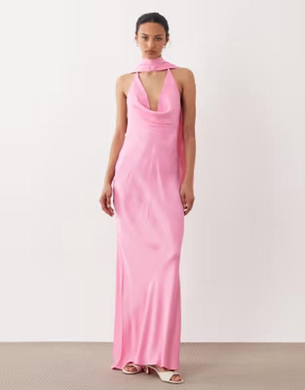 エイソス レディース トップス ワンピース サテン マキシ ASOS DESIGN satin cowl neck scarf maxi dress in pink ピンク