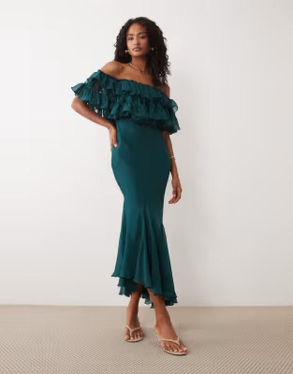 エイソス レディース トップス ワンピース フリル ミディ レース ASOS DESIGN lace mix bardot off shoulderuffle midi dress in teal テ 23,616円