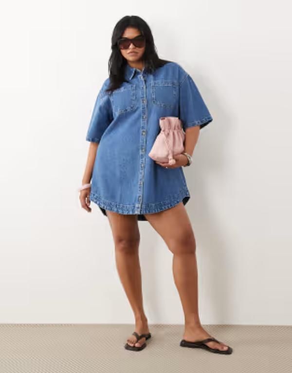 エイソス レディース トップス ワンピース シャツ デニム ASOS Curve ASOS DESIGN Curve denim boxy shirt dress with pocket detail