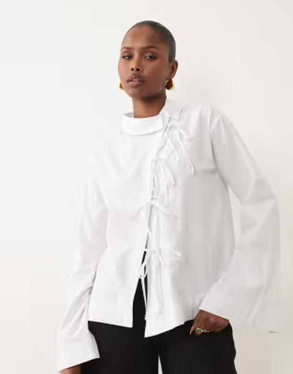 エイソス レディース トップス シャツ アシンメトリー ASOS DESIGN mandarin style tie front asymmetric shirt White ホワイト