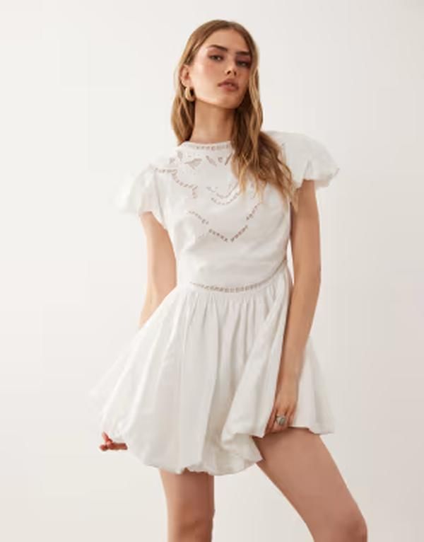 エイソス レディース トップス ワンピース ミニ ASOS DESIGN bubble mini dress with cutwork embroidery white ホワイト