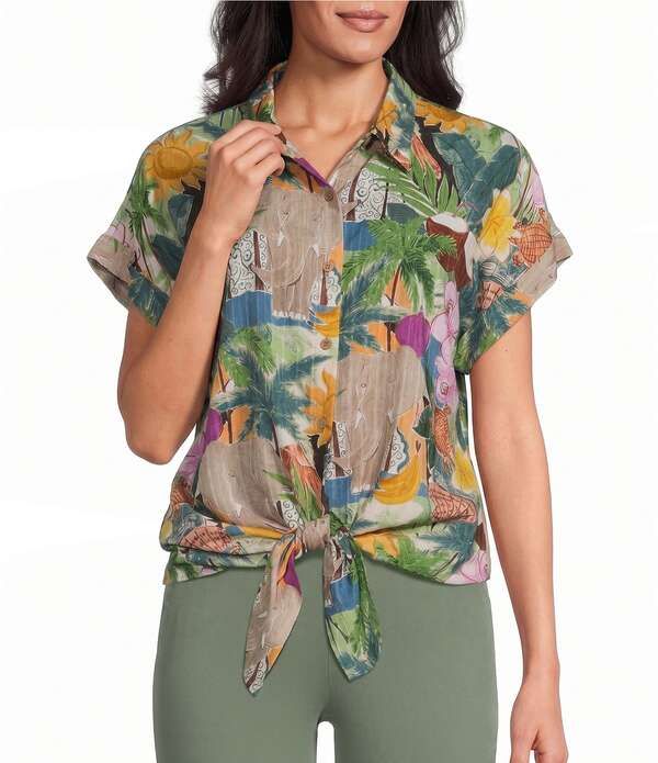 アリソン デイリー レディース トップス シャツ プリント Allison Daley Multi Tropics Print Short Sleeve Point Collar Button Fro