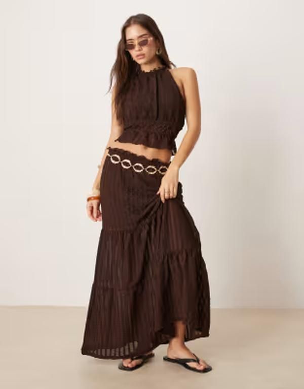 エイソス レディース ボトムスカート ティアード マキシ ASOS DESIGN textured tiered maxi skirt part of a set Brown ブラウン