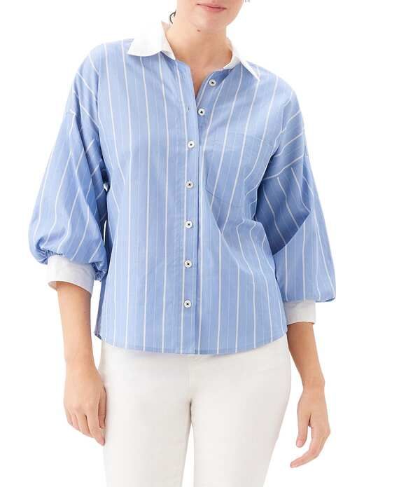 カレンケーン レディース トップス シャツ プチ Karen Kane Petite Size Stripe Point Collar 34 Lantern Sleeve ButtonFront Sh