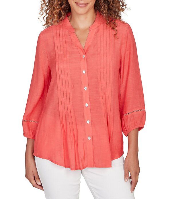 ルビーアールディー レディース トップス シャツ Vネック プチ シルク Ruby Rd Petite Size Silky Slub Woven Split VNeck 34 Sleeve Butt