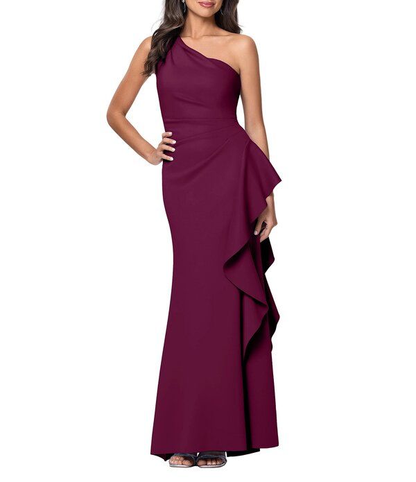 エスケープ レディース トップス ワンピース クレープ フリル スキューバ Xscape One Shoulder Side Ruffle Scuba Crepe Gown Raisin