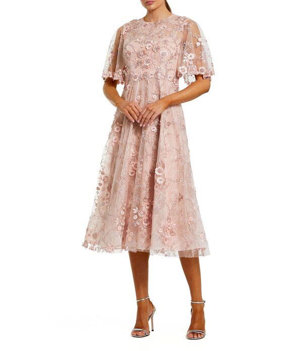 マックダガル レディース トップス ワンピース クルーネック A ライン ミディ 刺繍 レース Mac Duggal Embroidered Lace Short Flutter Sleeve Cre 65,890円