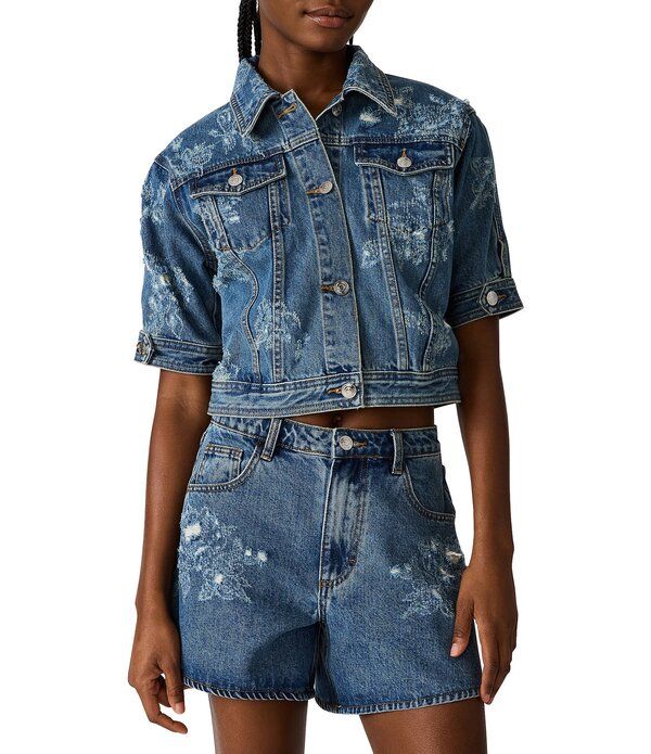 スティーブ マデン レディース アウター コート フラワー柄 デニム フラワー ジャケット Steve Madden Blu Distressed Floral Collared Short Slee