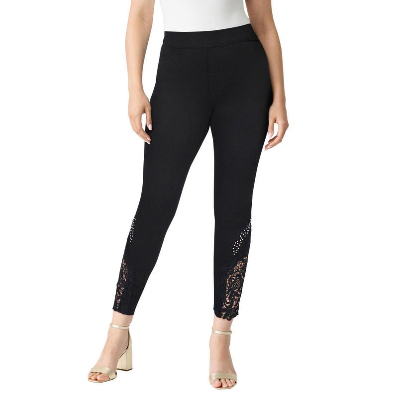 ロアマンズ レディース ボトムス デニムパンツ プラスサイズ レース Roamans Womens Plusize 360 Stretch Lace Applique Jean Black Lace