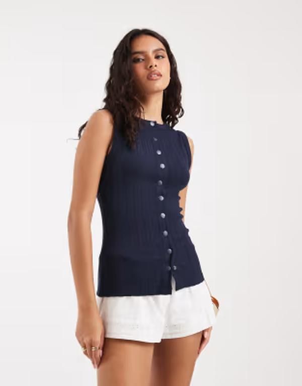 リバーアイランド レディース トップス タンクトップ ボタンダウン River Island button down tank top NAVY ネイビー