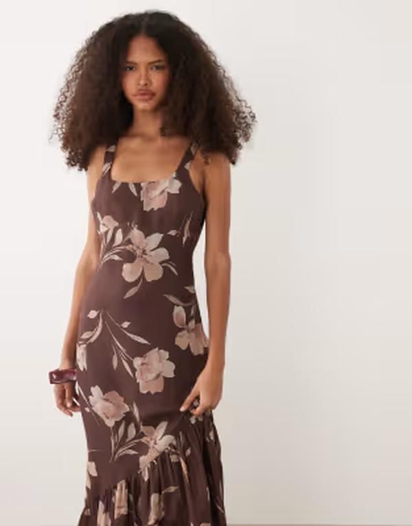 プリティラヴィッシュ レディース トップス ワンピース フリル裾 フラワー柄 フリル リネン マキシ フラワー Pretty Lavish Kaia linen mix scoop neck maxi
