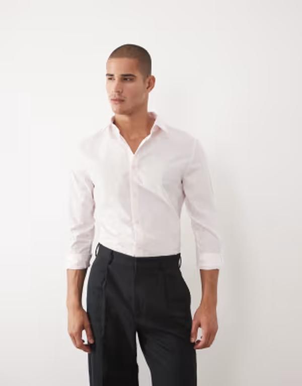 リバーアイランド メンズ トップス シャツ スリムフィット River Island slim fit shirt in light PINK ピンク