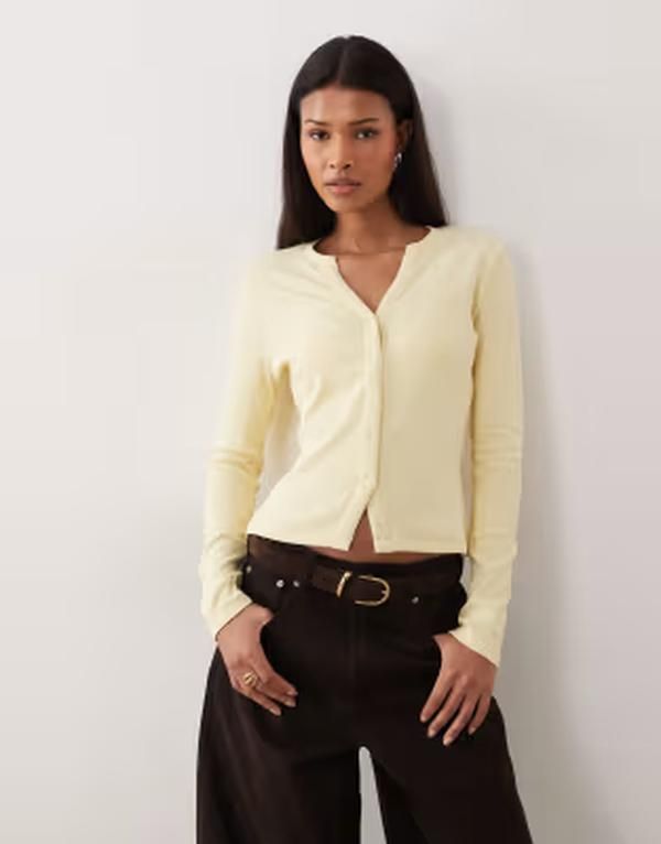 スリードベア レディース トップス Tシャツ リブ Threadbare long sleeve button through ribbed top in lemon yellow Lemon Yel
