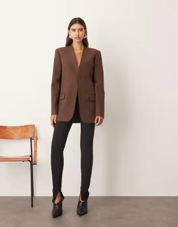 アレンジ レディース アウター ジャケット・ブルゾン ブレザー ARRANGE ultimate collarlesstraight blazer in chocolate チョコレート