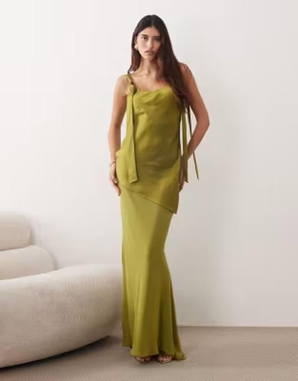 アレンジ レディース トップス ワンピース サテン マキシ ARRANGE tie shoulder satin maxi dress in olive GREEN グリーン 43,680円