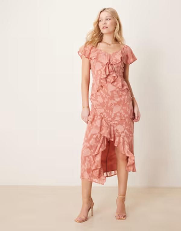プリティラヴィッシュ レディース トップス ワンピース フリル Pretty Lavish ruffle jacquard midaxi dress in terracotta テラコッタ