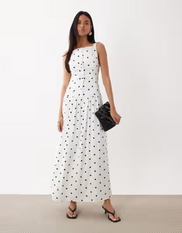 カイア レディース トップス ワンピース ドット柄 ドット サテン マキシ Kaiia exclusive high square neck button through drop waist sat