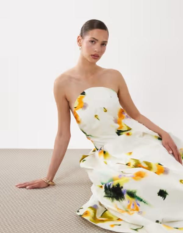 アレンジ レディース トップス ワンピース フラワー柄 プリント マキシ フラワー ARRANGE structu red bandeau maxi dress in blur red floral