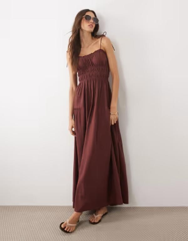 エイソス レディース トップス ワンピース マキシ ASOS DESIGN Faith beach shir red maxi sundress in chocolate チョコレート