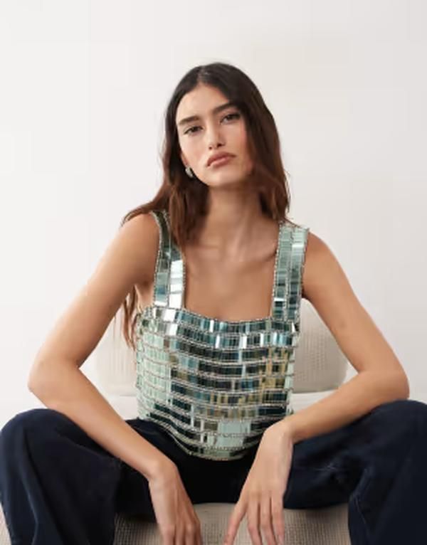 アレンジ レディース トップス シャツ ARRANGEmbellished beaded square neck boxy crop top in soft green グリーン