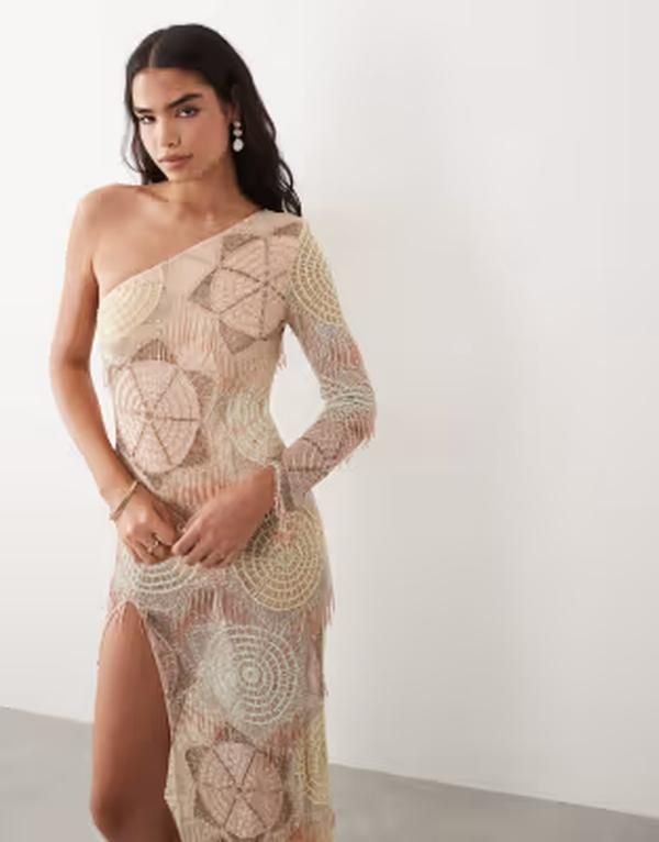 エイソス レディース トップス ワンピース マキシ ASOS LUXEmbellished crochet one shoulder maxi dress with split in pastel b