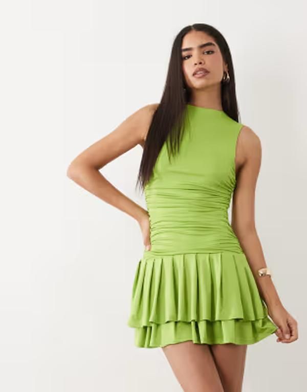 アリアコーブ レディース トップス ワンピース ハイネック ギャザー フリル ミニ スカート ノースリーブ Aria Cove slinky high neck sleeveless ruched w