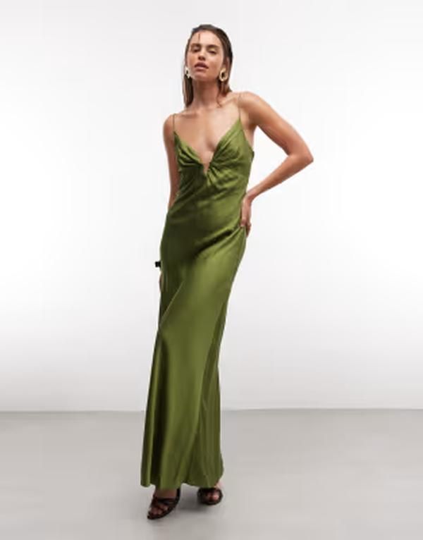 マンゴ レディース トップス ワンピース サテン マキシ Mango satin deep v strappy maxi dress GREEN グリーン