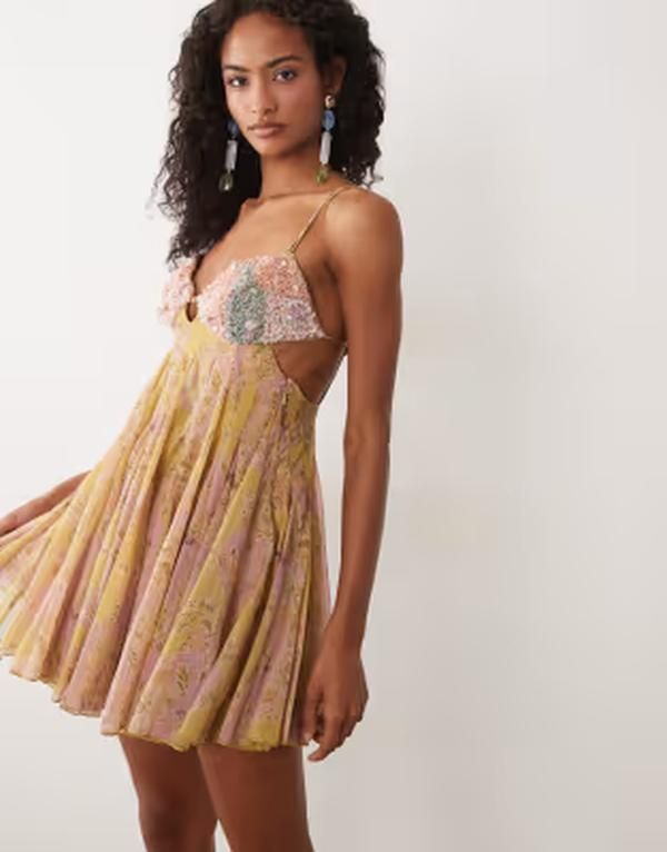 エイソス レディース トップス ワンピース カットアウト プリント ミニ ASOS DESIGN embellished bust cami cut out mini dress in yellow