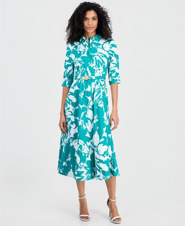 アンクライン レディース トップス シャツ ミディ Anne Klein Womens ElbowSleeve Waistuck Midi Shirtdress BERYL GREENCRISP WH