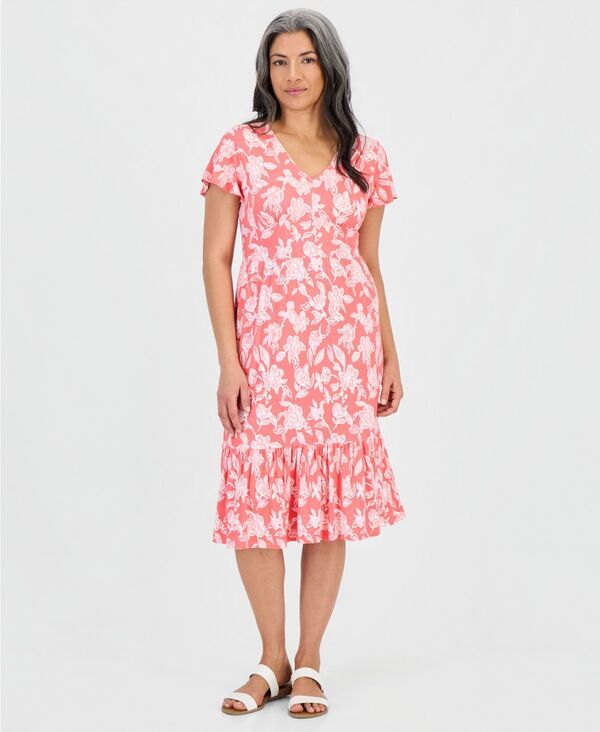 スタイルアンドコー レディース トップス ワンピース Vネック ティアード プリント ミディ Style Co Womens Printed VNeck Tie red Midi Dress Bloo