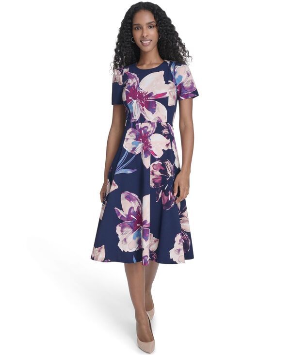 カルバンクライン レディース トップス ワンピース クルーネック プリント ミディ Calvin Klein Womens Printed Crew Neck Midi Dress Indigo Mu