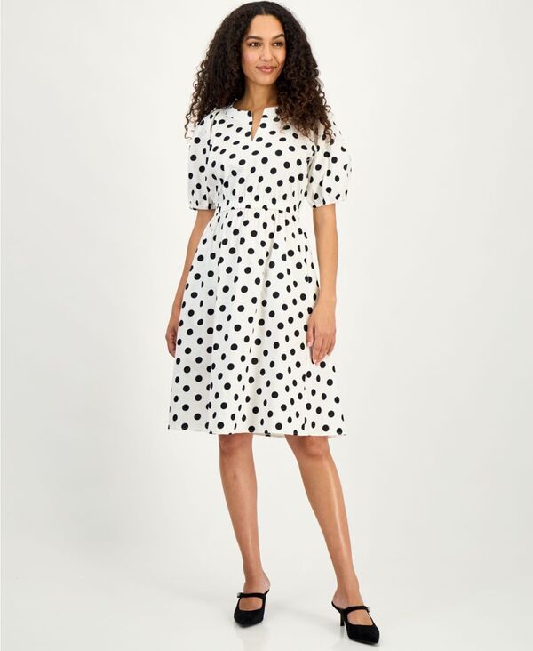 カスパール レディース トップス ワンピース ドット柄 ドット プチ パフスリーブ ミディ Kasper Womens Polka Dot PuffSleeve Midi Dress Regular