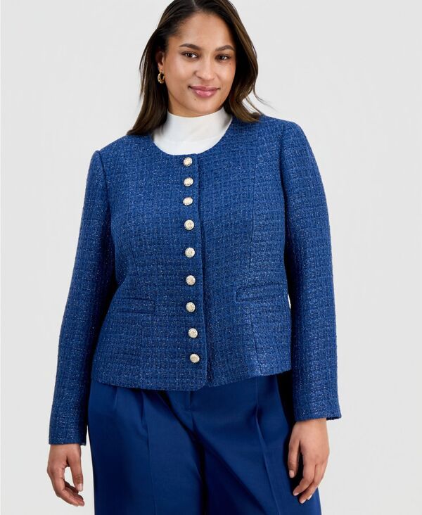 タハリエーエスエル レディース アウター ジャケット・ブルゾン Tahari ASL Womens ButtonFront Boucle Jacket Riverside Blue ブルー