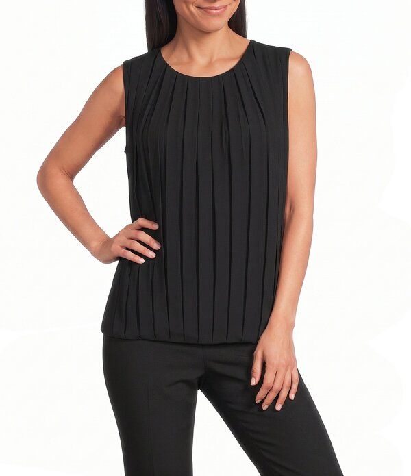 ジョーンズニューヨーク レディース トップス シャツ シフォン クルーネック プリーツ ノースリーブラウス Jones New York Pleated Chiffon Crew Neck Sleev
